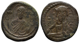 Anonymous, Attributed to Romanus IV (1068-1071 AD) Constantinople AE Follis (26mm, 9.3 g) Obv: MHP - ΘV. Facing bust of the Virgin Mary, Class G orans...