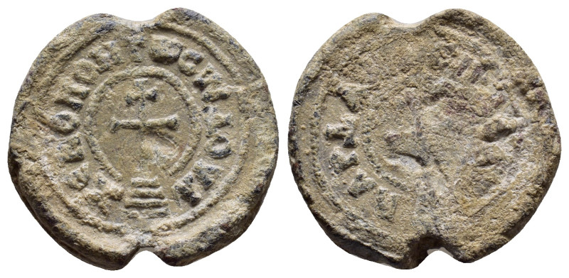 BYZANTINE LEAD SEALS. (21mm, 8.4 g). Obv: Circular legend Patriarchal cross set ...