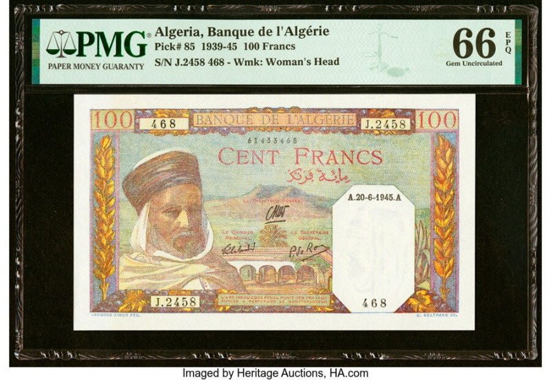 Algeria Banque de l'Algerie 100 Francs 20.6.1945 Pick 85 PMG Gem Uncirculated 66...