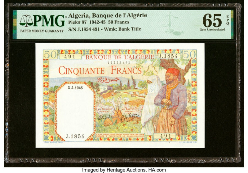 Algeria Banque de l'Algerie 50 Francs 3.4.1945 Pick 87 PMG Gem Uncirculated 65 E...