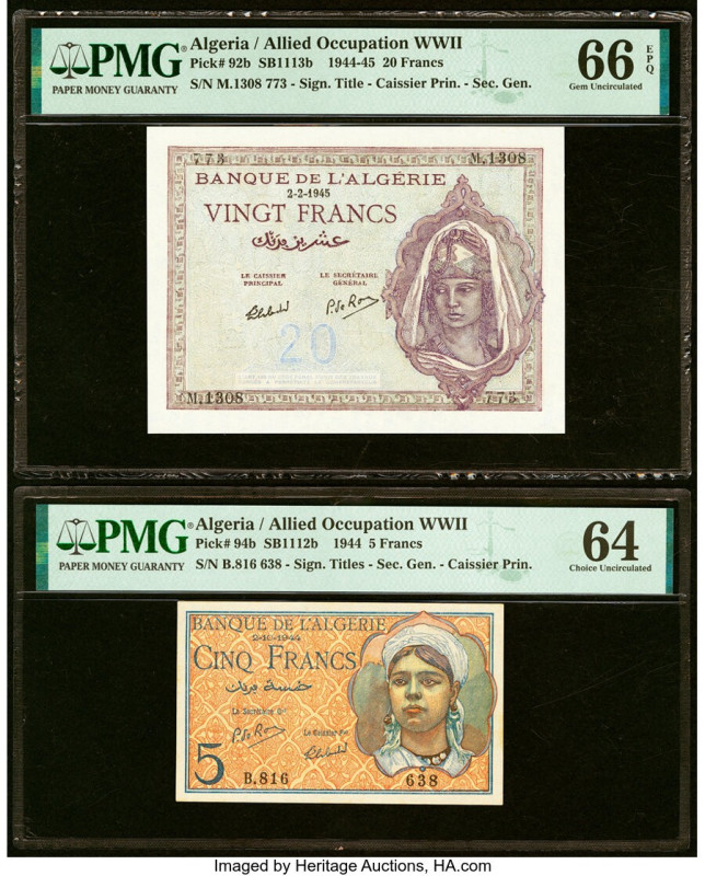 Algeria Banque de l'Algerie 20; 5 Francs 1944-45 Pick 92b; 94b Two Examples PMG ...