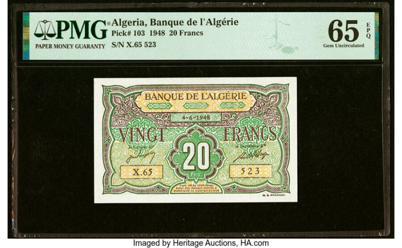Algeria Banque de l'Algerie 20 Francs 4.6.1948 Pick 103 PMG Gem Uncirculated 65 ...
