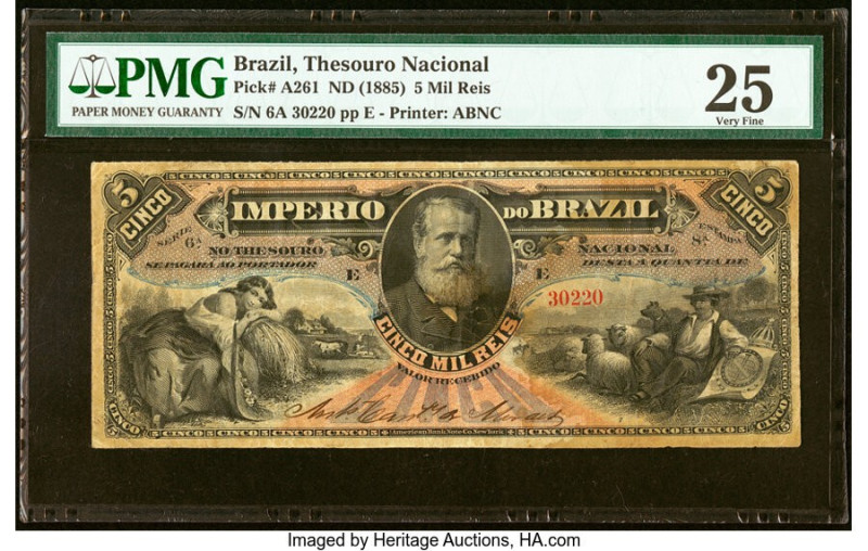 Brazil Thesouro Nacional 5 Mil Reis ND (1885) Pick A261 PMG Very Fine 25. HID098...