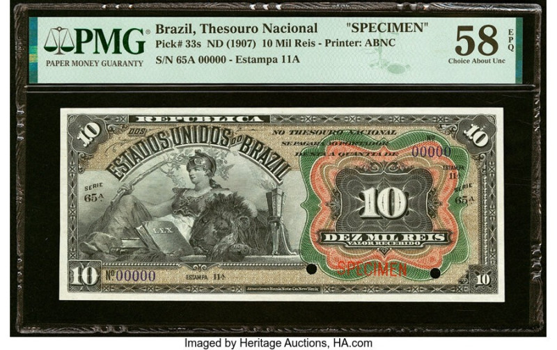 Brazil Thesouro Nacional 10 Mil Reis ND (1907) Pick 33s Specimen PMG Choice Abou...