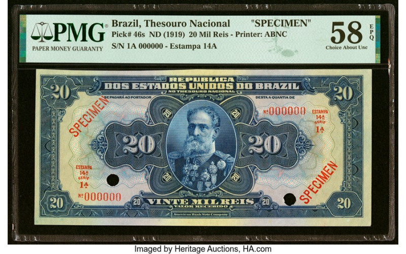 Brazil Thesouro Nacional 20 Mil Reis ND (1919) Pick 46s Specimen PMG Choice Abou...