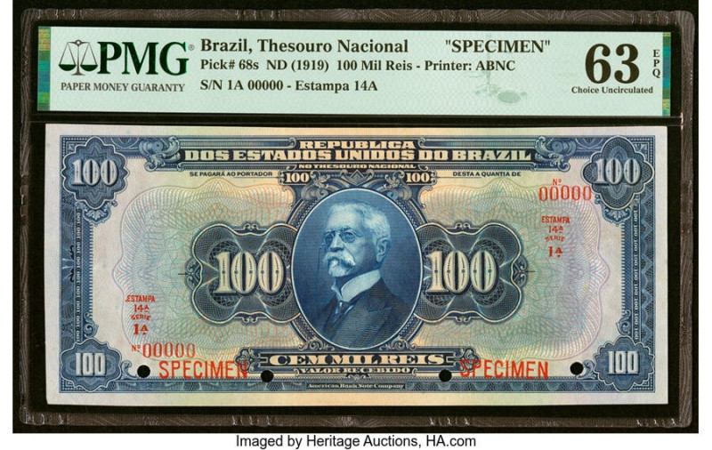 Brazil Thesouro Nacional 100 Mil Reis ND (1919) Pick 68s Specimen PMG Choice Unc...