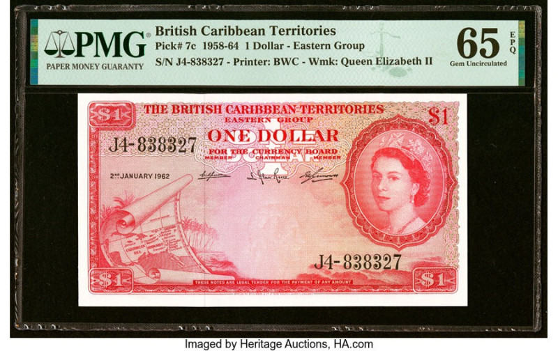British Caribbean Territories Currency Board 1 Dollar 2.1.1962 Pick 7c PMG Gem U...