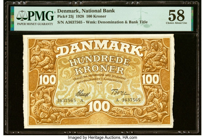 Denmark National Bank 100 Kroner 1928 Pick 23j PMG Choice About Unc 58. HID09801...