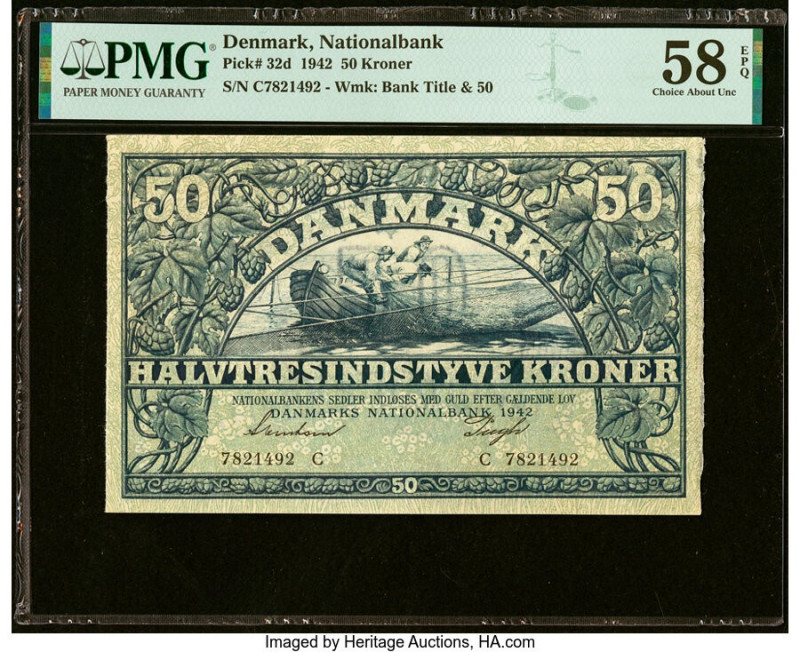 Denmark National Bank 50 Kroner 1942 Pick 32d PMG Choice About Unc 58 EPQ. HID09...