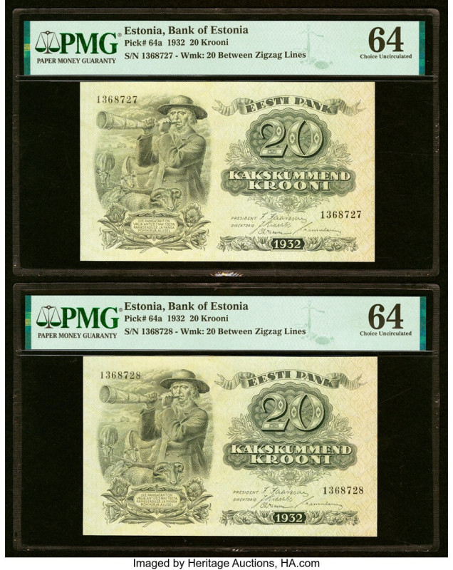 Estonia Bank of Estonia 20 Krooni 1932 Pick 64a Two Consecutive Examples PMG Cho...