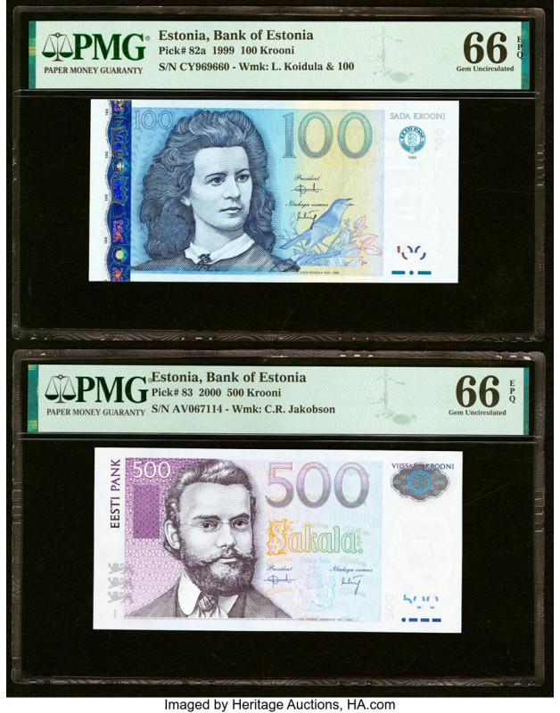 Estonia Bank of Estonia 100; 500 Krooni 1999; 2000 Pick 82a; 83 Two Examples PMG...