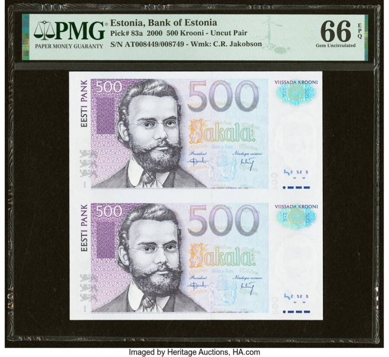 Estonia Bank of Estonia 500 Krooni 2000 Pick 83a Uncut Pair PMG Gem Uncirculated...