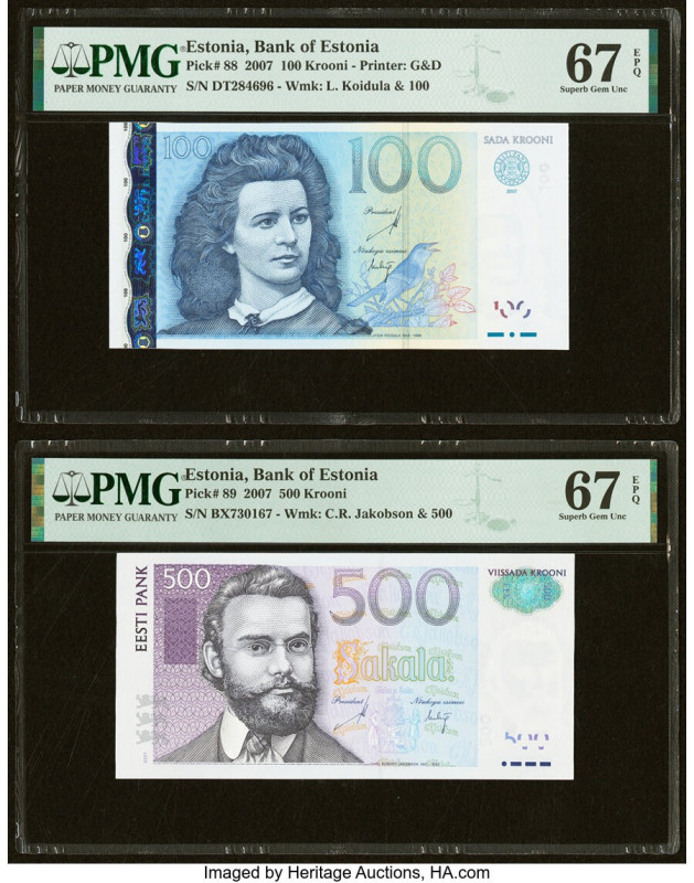 Estonia Bank of Estonia 100; 500 Krooni 2007 Pick 88; 89 Two Examples PMG Superb...