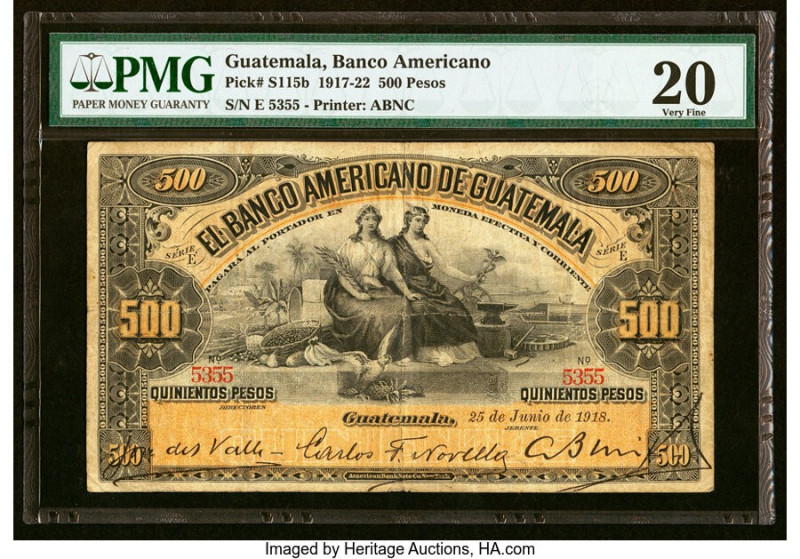 Guatemala Banco Americano de Guatemala 500 Pesos 25.6.1918 Pick S115b PMG Very F...