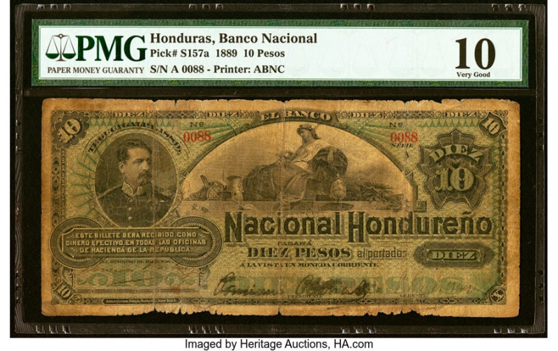 Honduras Banco Nacional Hondureno 10 Pesos 1889 Pick S157a PMG Very Good 10. Ser...