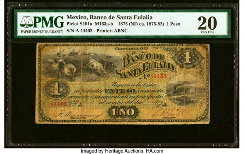 Mexico Banco de Santa Eulalia 1 Peso 1875 Pick S191a M163 PMG Very Fine 20. Spli...