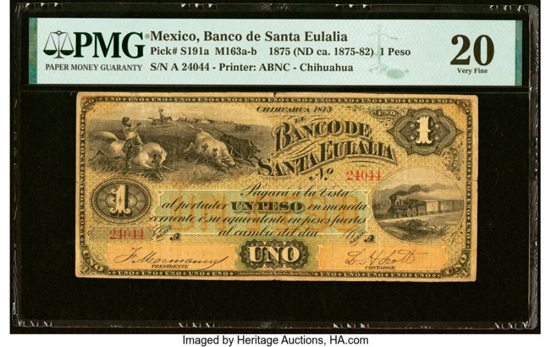 Mexico Banco de Santa Eulalia 1 Peso 1875 Pick S191a M163a-b PMG Very Fine 20. H...