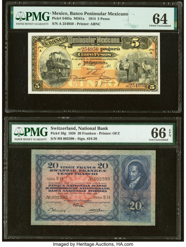 Mexico Banco Peninsular Mexicano 5 Pesos 1.4.1914 Pick S465a M561a PMG Choice Un...