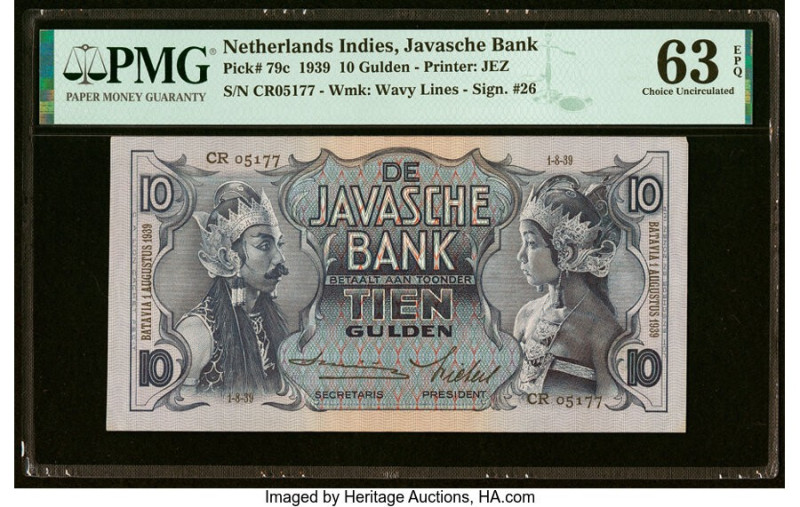 Netherlands Indies Javasche Bank 10 Gulden 1.8.1939 Pick 79c PMG Choice Uncircul...