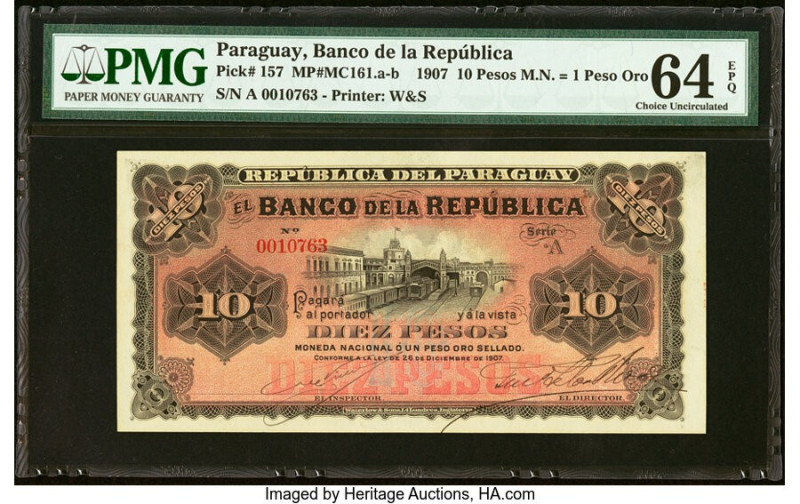 Paraguay Banco de la Republica 10 Pesos M.N. = 1 Peso Oro 1907 Pick 157 PMG Choi...