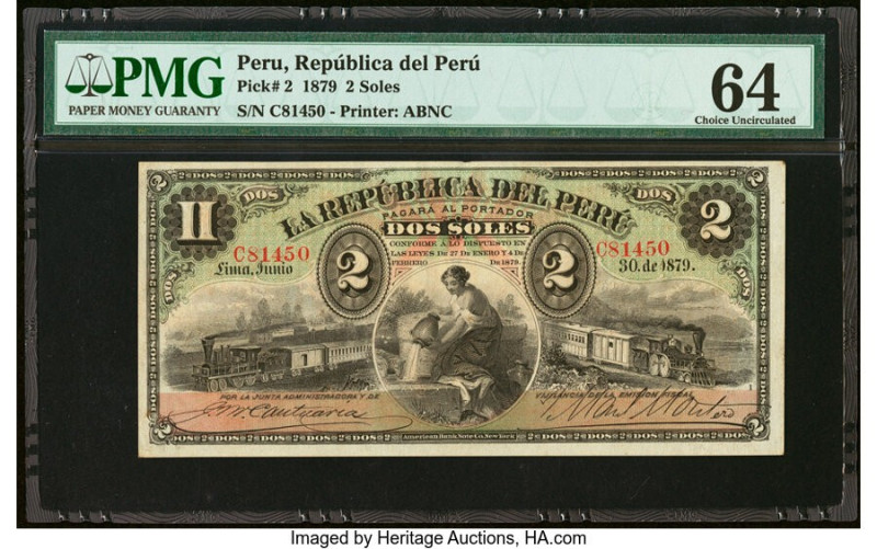 Peru Republica Del Peru 2 Soles 30.7.1879 Pick 2 PMG Choice Uncirculated 64. HID...