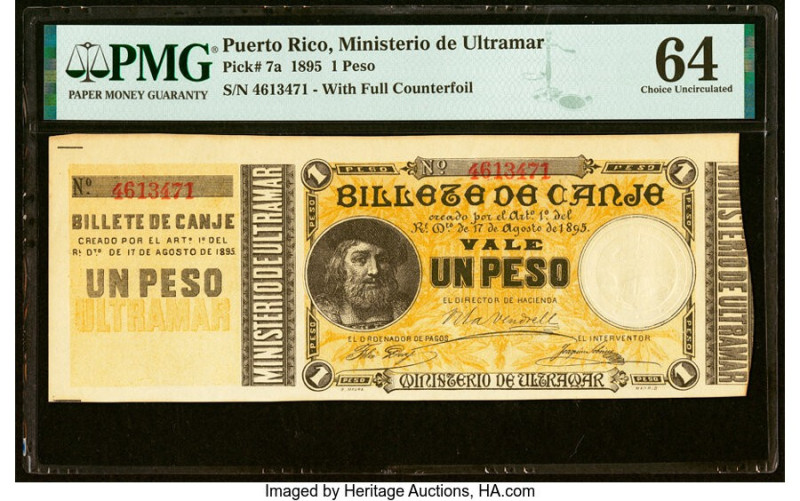 Puerto Rico Ministerio de Ultramar 1 Peso 17.8.1895 Pick 7a PMG Choice Uncircula...