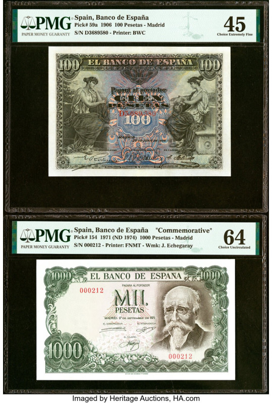 Spain Banco de Espana 100; 1000 Pesetas 30.6.1906; 17.9.1971 Pick 59a; 154 Two E...