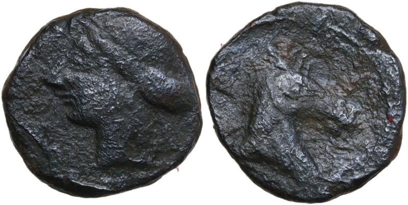 Hispania. Carthago Nova (Qart Hadasht). AE 22 mm, 220-215 BC. Obv. Head of Tanit...