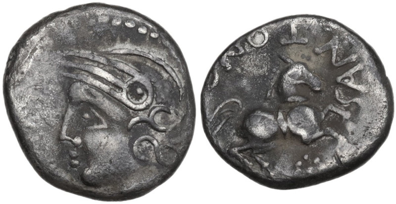 Celtic World. Northwest Gaul, Carnutes. AR Quinarius, c. 100-50 BC. Obv. Helmete...