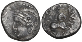 Celtic World. Northwest Gaul, Carnutes. AR Quinarius, c. 100-50 BC. Obv. Helmeted head left. Rev. SANTONO. Horse prancing right; rosette below. AR. 1....