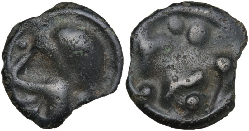 Celtic World. Northwest Gaul, Senones. AE Potin Unit. c. 100-50 BC. Obv. Stylise...