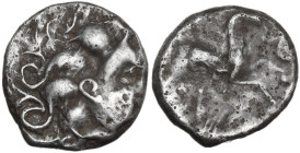 Celtic World. Central Gaul, Aedui. AR Denarius , c. 52 BC. Obv. Male head left. Rev. Horse galloping right; below, lyre. AR. 2.05 g. 12.00 mm. Pitted....