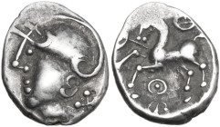 Celtic World. Central Gaul, Aedui. AR Quinar, 80-50 BC. Obv. Helmeted head of Roma left. Rev. Horse left; above and below, annulet. D&T 3188; LT 5252....