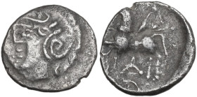 Celtic World. Central Gaul, Lingones. AR Quinar, 120-50 BC. Obv. Helmeted head of Roma left. Rev. Horse left; below, Δ and half wheel. D&T 3194-3197; ...