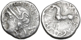 Celtic World. Central Gaul, Lingones. AR Quinar, Kaletedes, 120-50 BC. Obv. Helmeted head of Roma left. Rev. Horse left. CCCBM 319ff. AR. 1.96 g. 12.0...