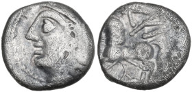 Celtic World. Central Gaul, Lingones. AR Quinar, Kaletedes, 120-50 BC. Obv. Helmeted head of Roma left. Rev. Horse left; above, KAΛ; below, Δ. CCCBM 3...