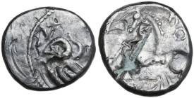 Celtic World. Central Gaul, Sequani. AR Fourreé (?) Quinar, c. 100 BC. Obv. Helmeted head of Roma left. Rev. Horse left; above, Q DOC. CCCBM 346ff. AR...