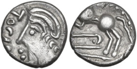 Celtic World. Central Gaul, Sequani. AR Quinar, Gallic War issue, 100-50 BC. Obv. Helmeted head of Roma left; to left, TOGI[RIX]. Rev. Horse prancing ...