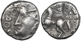 Celtic World. Central Gaul, Sequani. AR Quinar, 100-50 BC. Obv. Helmeted head of Roma left; to left, Q • DOC[I]. Rev. Horse left; above, Q • DOCI. D&T...