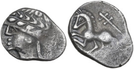 Celtic World. Southern Gaul, Allobroges. AR Quinar, Cn. Pompeius Voluntilus, 70-61 BC. Obv. Laureate head of Apollo left. Rev. Horse left; above, cros...