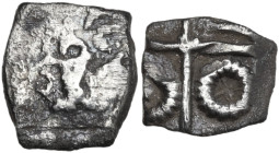 Celtic World. Southern Gaul, Ruteni. AR Drachm, Type 'Goutrens', 118-74 BC, 12x10.5 mm. Obv. Head left, hair in S-shaped locks. Rev. Cross; in the qua...