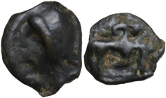 Celtic World. Northeast Gaul, Leuci. ?. AE cast potin, 80-60 BC. Obv. Helmeted celticized head to left. Rev. Stylized bull butting right; above, lily;...