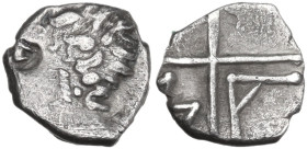 Celtic World. Gaul, Massalia. AR Obol, 300-250 BC. Obv. Head of Apollo left. Rev. Wheel with four spokes; in the bottom two quarters, M and A. Brenot,...