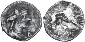 Celtic World. Gaul, Massalia. AR Fourreè (?) Tetrobol, 121-82 BC. Obv. Bust of Artemis right, wearing stephane, draped; over shoulder, bow and quiver;...
