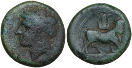 Greek Italy. Samnium, Southern Latium and Northern Campania, Cales. AE 19 mm, 265-240 BC. Obv. Laureate head of Apollo left. Rev. Man-headed bull righ...