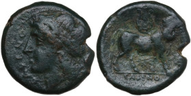 Greek Italy. Samnium, Southern Latium and Northern Campania, Cales. AE 22 mm, c. 265-240 BC. Obv. Laureate head of Apollo left. Rev. Man-headed bull r...