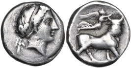 Greek Italy. Central and Southern Campania, Neapolis. AR Nomos, c. 350-325 BC. Obv. Head of nymph right, wearing broad headband; Athena promachos behi...