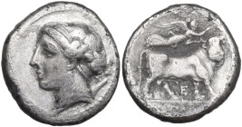 Greek Italy. Central and Southern Campania, Neapolis. AR Didrachm, c. 275-250 BC. Obv. Head of female left; behind, acrostolium. Rev. Man-headed bull ...