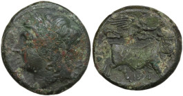 Greek Italy. Central and Southern Campania, Neapolis. AE 19 mm. c. 275-250 BC. Obv. NEOΠOΛITΩN. Laureate head of Apollo left. Rev. Man-headed bull wal...