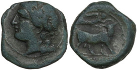 Greek Italy. Central and Southern Campania, Neapolis. AE 15 mm, c. 250-225 BC. Obv. Laureate head of Apollo left. Rev. Man-headed bull right; above, N...